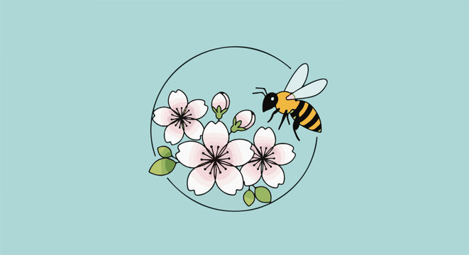 A stylized bee hovers near blooming cherry blossoms within a circle