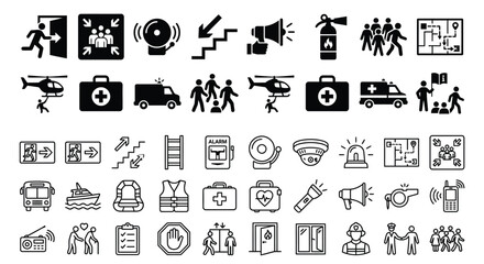Fototapeta premium Emergency Evacuation Icons Set Black And White Symbols