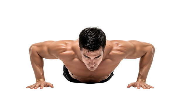 Muscular Man Performing Push Ups with Intense Focus exercise fitness