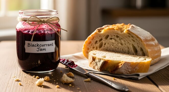 A jar of homemade blackcurrant jam with sunlight glowing through it, next to fresh bread.