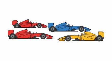 Fototapeta premium Four colorful Formula 1 race cars in red, blue, and yellow, depicted in a minimalist, vector illustration style on a white background.