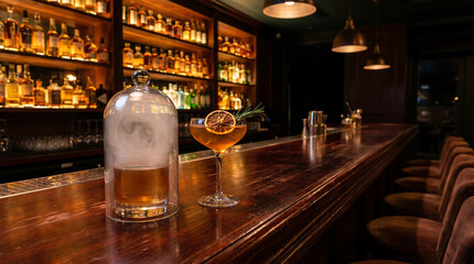 A dimly lit bar with a glass jar containing a smoking cocktail and a served cocktail on the counter next to a row of bar stools and shelves of liquor bottles