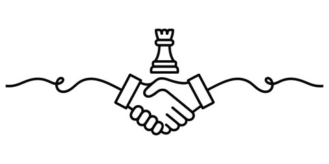 Continuous line drawing of a handshake with a chess rook piece icon © Bilas