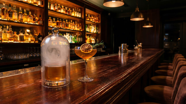 A dimly lit bar with a glass jar containing a smoking cocktail and a served cocktail on the counter next to a row of bar stools and shelves of liquor bottles