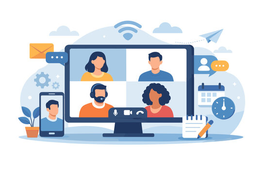 Video Conferencing Software Concept Vector Illustration with People Having Online Meeting on Computer Screen and Smartphone for Remote Work, Virtual Collaboration, and Digital Communication.