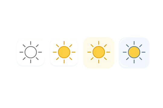 Sun brightness control icons for user interface design, set of four square buttons with sun symbols in various styles including outline and flat color for mobile apps and web dashboard.