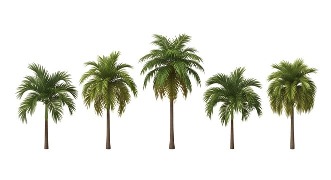 Collection of five lush palm trees on a white background
