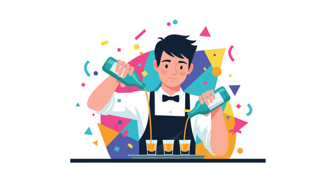 Professional Bartender Pouring Drinks with Confetti Celebration Vector Illustration