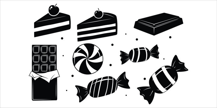Black and white sketch of various chocolate and candy treats