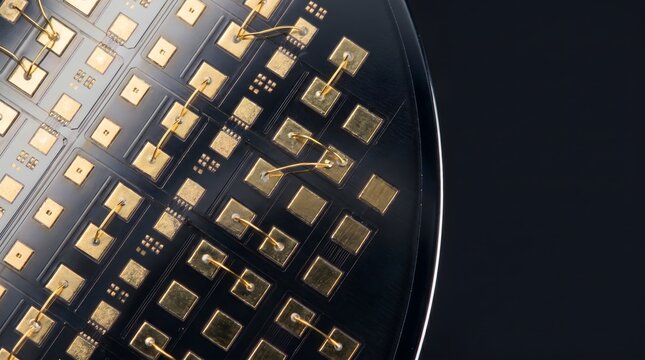 Semiconductor wafer with microchips, nanotechnology and microelectronics tech macro, technology manufacturing, copy space, professional tech background