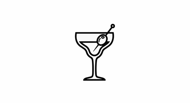 A stylized line drawing of a martini glass with a single olive on a pick