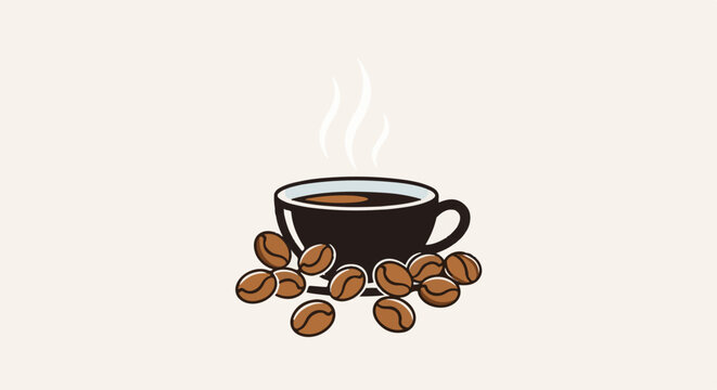 A steaming cup of dark coffee sits surrounded by brown roasted coffee beans