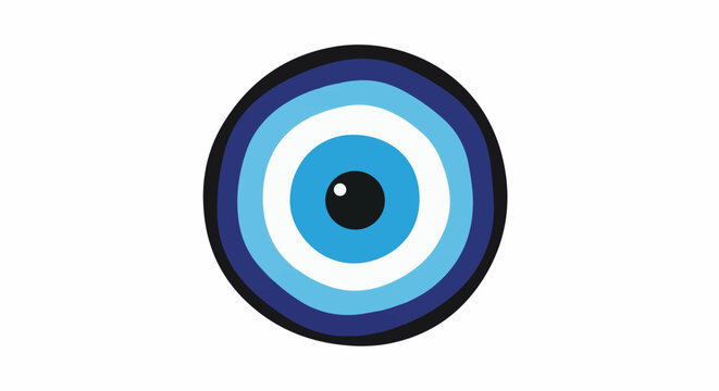 A stylized blue and white evil eye symbol on a white background
