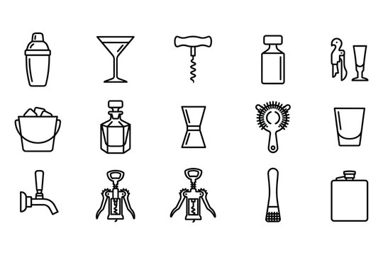 Collection of bar tools and cocktail accessories in minimalist line icons for bartending and drink preparation needs