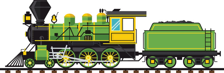 Vintage steam locomotive train with coal wagon side view railway transport vector illustration © Shabita