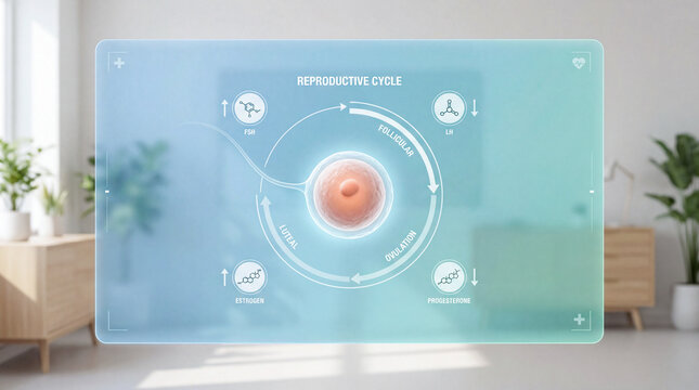 Digital medical interface showing ovum with circular reproductive cycle phases including follicular, ovulation, and luteal, with hormone indicators FSH, LH, estrogen, and progesterone.