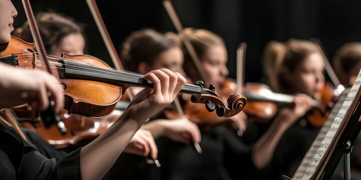 Emotive Violinists Deliver a Captivating Classical Performance with an Engaging Orchestra on Stage