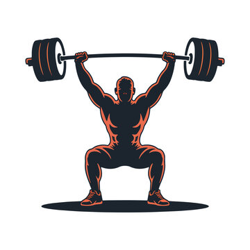 Weightlifter silhouette performing overhead squat, barbell snatch vector, gym fitness logo icon