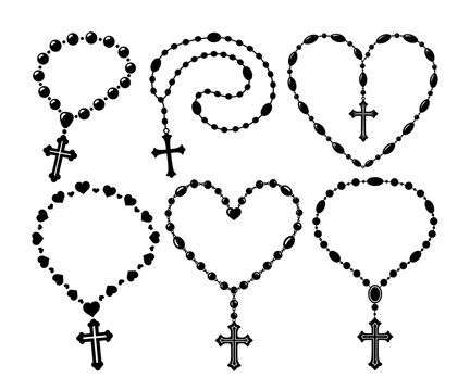 Collection Of Catholic Rosary Beads With Cross And Heart Shapes, Religious Spiritual Prayer Jewelry Vector Set For Faith And Devotion