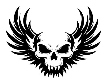 Aggressive Human Skull With Large Spread Eagle Wings, Biker Style Tattoo Design And Heavy Metal Rock Music Aesthetic Illustration