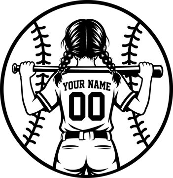 Female Softball Player Holding Bat Behind Neck In Front Of Large Ball Circle, Personalized Girl Sports Team Spirit Design