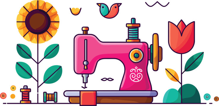 Sewing machine illustration with flowers and sewing accessories in flat vector style