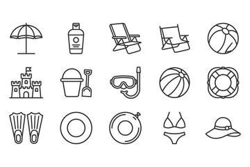 Colorful summer beach vacation icons set with deck chairs snorkeling and swimwear elements © Rayna