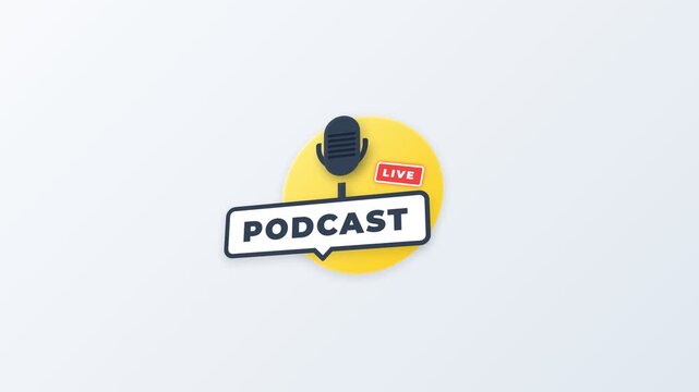 Flat design illustration of a microphone and podcast logo on a yellow circle with a light gray background.