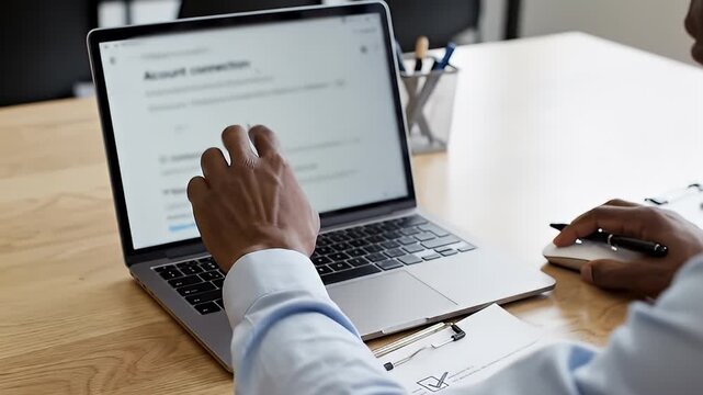 Close-up of hands filling out a checklist on a clipboard laptop open in background professional workspace