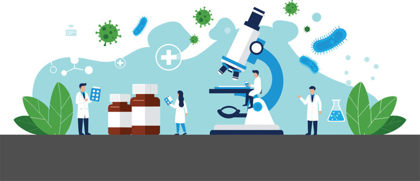 Medical Research and Science Concept Featuring Microscope, Scientists, Medication, and Virus Study Flat Vector Illustration