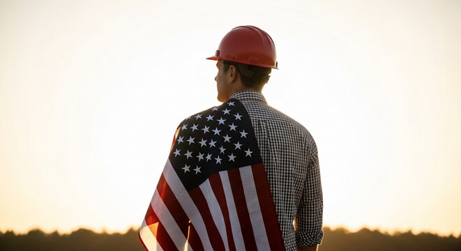 Helmet construction worker with American flag draped over shoulder at sunset, patriotic infrastructure safety photo