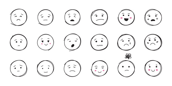 Hand drawn emoji set. Doodle sketch faces with different emotions. Collection expressions emoticons isolated on white background.