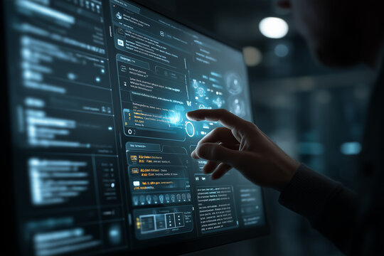 Programmer working with artificial intelligence and data analytics. Futuristic code interface, machine learning dashboard, software development and digital technology concept