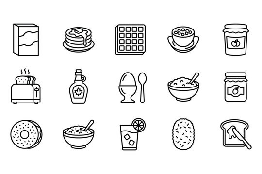 Handdrawn line icons of breakfast food and kitchen items in monochrome style