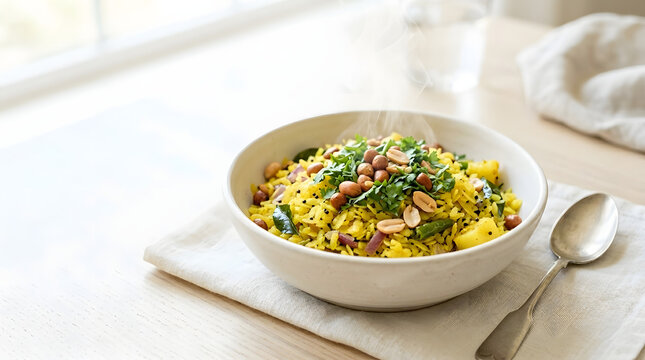 Steaming Hot Indian Poha Breakfast with Peanuts and Fresh Coriander