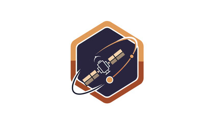 Stylized satellite orbits sphere within hexagonal space emblem © Engg