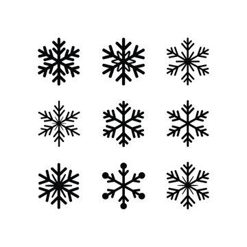 Set of Nine Unique Snowflake Vector Icons in 3x3 Grid Layout