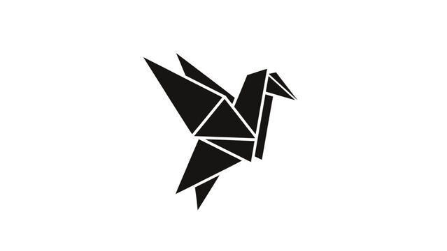 A black origami bird with sharp geometric angles against a white background
