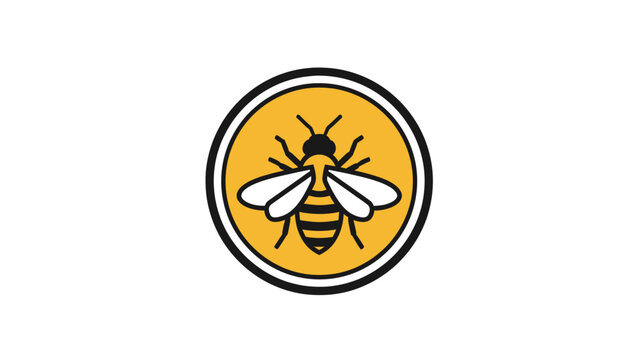 Stylized bee with black and white wings on a yellow circular background
