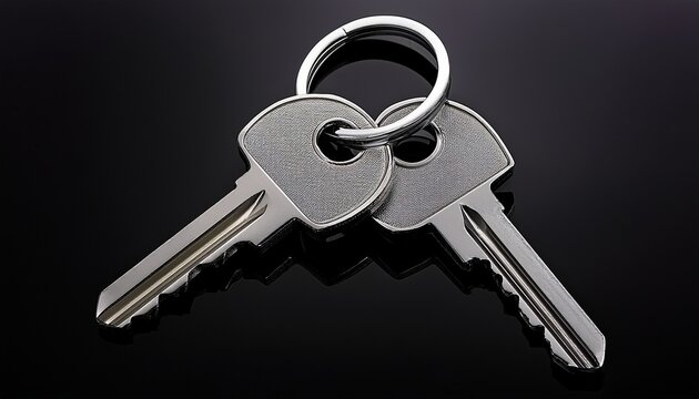 a pair of matching metal keys on a silver ring isolated on a black background symbolizing access