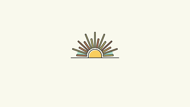 Stylized, colorful semi-circle sunburst rising over a horizontal line on a pale background
