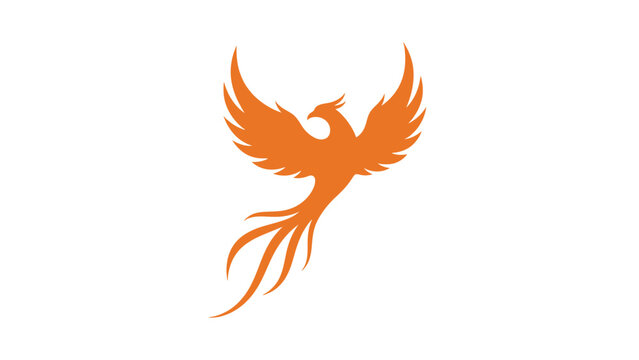 Orange phoenix silhouette ascending with flowing tail feathers against white