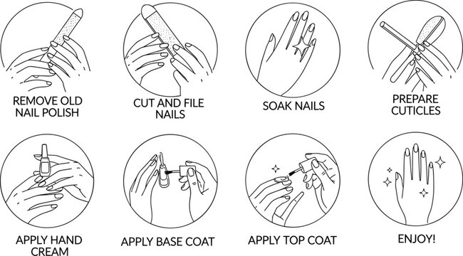 Nail Care and Manicure Process Icon Set with Steps for Polish Removal, Filing, Soaking, and Applying Coats Flat Vector Illustration