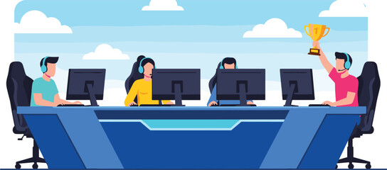 Esports Team Competing in a Tournament with Trophy and Gaming Setup Flat Vector Illustration © NURUL