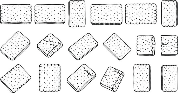 Cracker Biscuit Line Art Collection with Various Shapes and Broken Pieces, Hand Drawn Snack Illustration Set for Food Design, Packaging, and Bakery Graphics