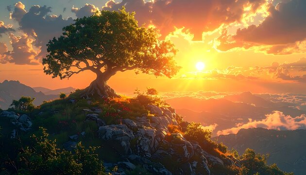Hilltop tree under golden sunlight, cloudscape and mountains on the horizon; vibrant, ethereal, and peaceful landscape
