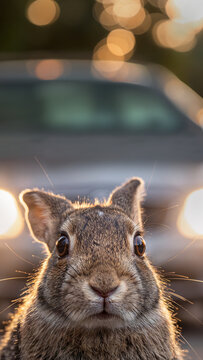Rabbit frozen in car headlights at night, symbolizing panic, fear, hesitation and inability to act under pressure.