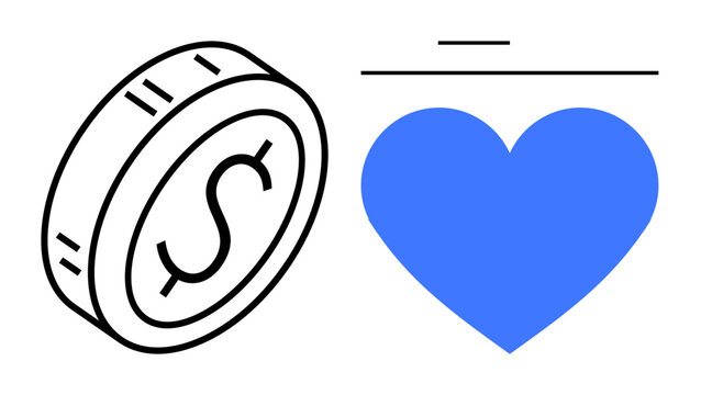 Charity, donations, philanthropy, generosity, financial support, love and kindness. Blue heart and dollar coin beside each other. Charity and donations concepts generosity and kindness