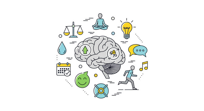 Brain Health and Wellness Icons: Mindfulness, Exercise, Balance, Learning, and Communication