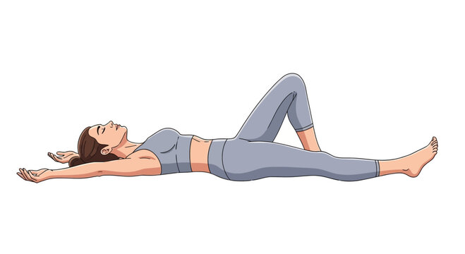 Woman in yoga pose, lying on back, arms extended, relaxation
